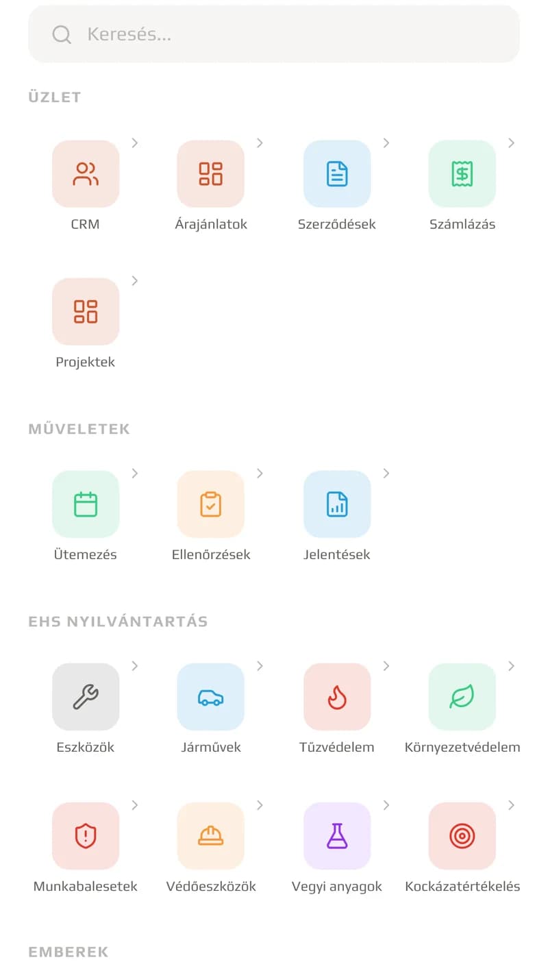 Modulválasztó menü mobilon